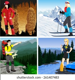 vector set of travel background with people: hiker, caver,rafter and skier