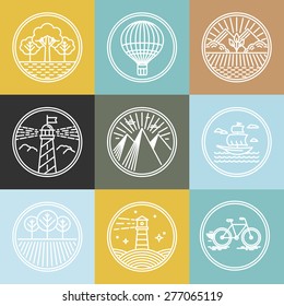 Vector set of travel badges in trendy linear style - nature parks and transport concepts