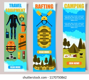 Vector set of travel banners. Travel equipment, Rafting, Camping web templates. Flat style design.