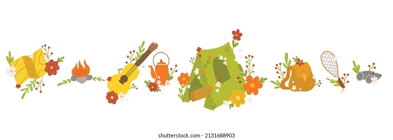 Vector set of travel camp. Bright childrens kit of hiking. Horizontal collection with tent, backpack with floral decoration. Summer active rest with flower and berries ornaments.