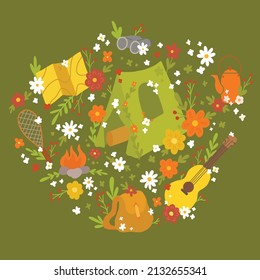 Vector set of travel camp on green background. Bright childrens kit of hiking. Square collection with tent, backpack with floral decoration. Summer active rest with flower and berries ornaments.