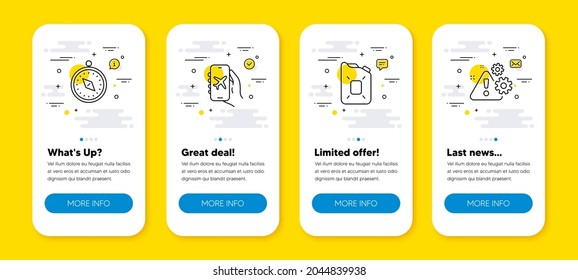 Vector set of Travel compass, Flight mode and Canister oil line icons set. UI phone app screens with line icons. Warning icon. Trip destination, Smartphone app, Gasoline fuel. Vector