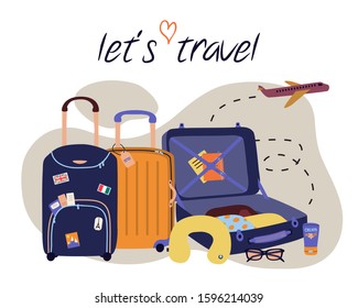 Vector set with travel elements: luggage bags, suitcases, sunglasses, cosmetics, clothes, airplane. Trendy colorful vacation illustration in cartoon flat style
