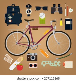 Vector set of travel and exploring equipment featuring single speed equiped touring bicycle