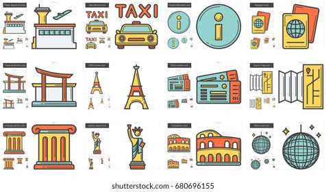 Vector set of travel and holiday line icons isolated on white background. Travel and holiday line icons set for infographic, website or app. Scalable icons designed on a grid system.