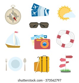 vector set of travel icons on white. flat compass, airplane tickets, sun with cloud, camera, sailing boat