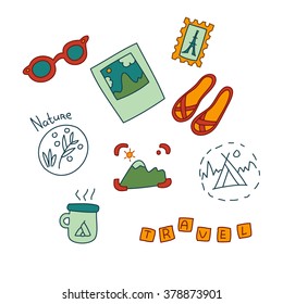 Vector set of travel icons on the white background. Cute cartoon line illustrations for adventure concept