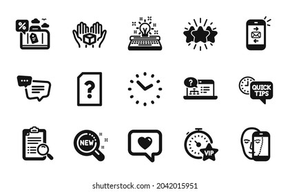 Conjunto de vectores de préstamo de viaje, análisis de búsqueda y conjuntos simples de iconos de archivo Desconocidos. Correo, consejos rápidos y iconos de la caja de retención. Mensajes de texto, ayuda en línea y signos de tiempo. Máquina de escribir, cronómetro Vip y Estrella. Vector