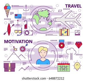 Vector set of travel and motivation concept banners. Modern thin line flat design elements, symbols and icons for web, marketing and printing.