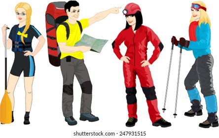 vector set of travel people: hiker, caver,rafter and skier