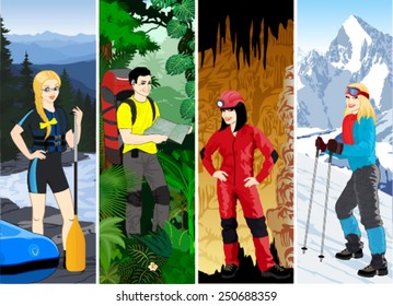 vector set of travel people: hiker, caver,rafter and skier