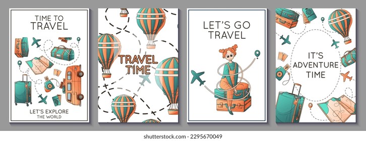 Vector set of travel posters. Illustration of baggage, map, hot air balloon, plane. Travel, road, adventure, journey concept. Template perfect for banner, poster, advertising.