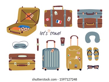 Vector set with travel stuff: luggage bags, suitcases, sunglasses, cosmetics, clothes. Trendy colorful vacation design elements in cartoon style isolated on white