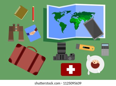 Vector set of travel themed icons with  passport, map, room key, sightseeing tour double decker bus and luggage