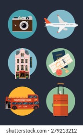 Vector set of travel themed round web icons with retro film camera, airplane liner, hotel building facade, passport, airline boarding pass and room key, sightseeing tour double decker bus and luggage 