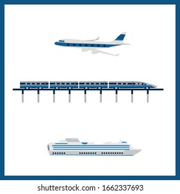 Vector set of travel transportation: airplane, cruise liner, train Flat style.