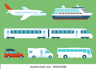 Vector Set Of Travel Transportation: Airplane, Cruise Liner, Train, Car, Camping Car, Bus. Side View. Flat Style.