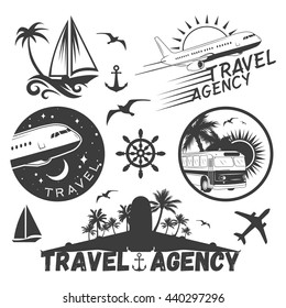 Vector set of travel and transportation labels in vintage style. Air travel company, plane and bus illustration. Design elements, icons, logo, emblems and badges isolated on white background.