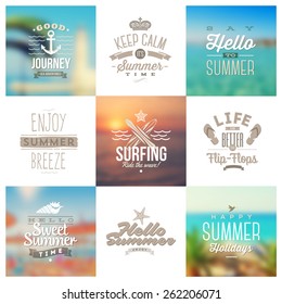 Vector set of travel and vacation type emblems and symbols on a blurred backgrounds