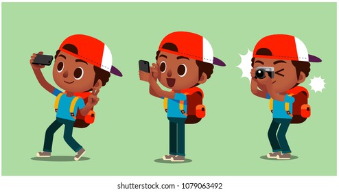 Vector set of traveler characters shooting photo with different devices