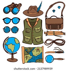 Vector set of traveler's or explorer's items. Hand-drawn retro objects for an adventure: a hat, binoculars, compass, rope and map . Doodle style collection on a white background