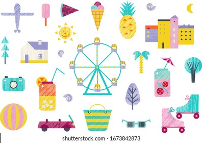 Vector set of traveling, vacations, summer, holidays flat icons.  tourism and journey objects, beach party, amusement park