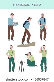 Vector set of travelling related professions, travelling concept, traveller and photographer in different poses