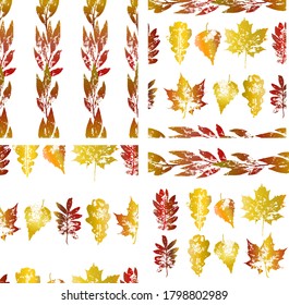 Vector set from tree autumn seamless patterns with endless line ornament using oak, maple, rowan,birch leaves prints. Elements for design textile, wallpaper, wrapping paper, cards, posters.