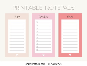 Vector set - tree beautiful Printable Notepads: To Do, Check list, Notes. Simple and elegant Stationery planners, ready to use.