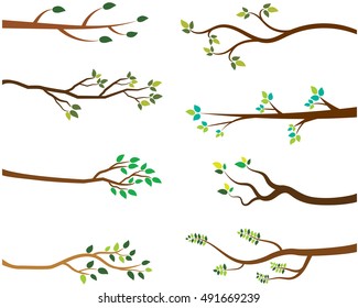 Vector set of tree branches with green leaves.