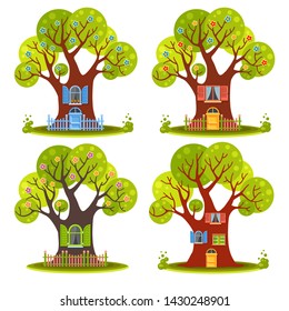 Vector set of tree houses with windows, doors and fences. Cute child summer illustration in a cartoon style. Bright cozy forest. Sweet home