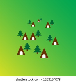 Vector Set of Tree and Hut in Meadow