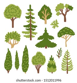 Vector set of tree icons. Hand drawing natural collection of simple forest elements. Floral set. Isolated on white.