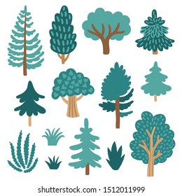 Vector set of tree icons. Hand drawing natural collection of simple forest elements. Floral set. Isolated on white.