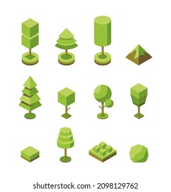 Vector set of tree isometric icons. Collection of natural botanical objects. 3d illustration of plants.
The concept of depicting tree in the form of simple geometric shape. Plants for the park, garden