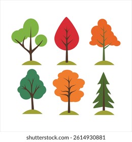 Vector set of tree and leaves in flat style. Simple lush trees, botanical element collection isolated on white background. Autumn colors. Vector design