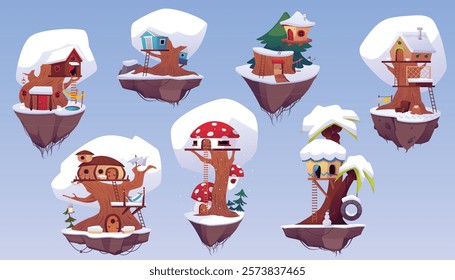 Vector set of treehouses on a winter flying island. Snow-covered roofs, windows, hammocks, swimming pool and stairs of wooden houses. For adventure games