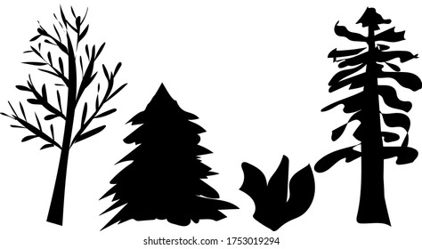 Vector set of trees, black silhouette.
spruce pine tree and Bush isolated on white background.