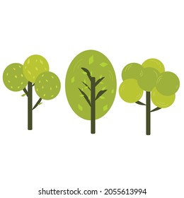 Vector set trees, botanical illustration trees in flat and cartoon style, abstract and stylish trees