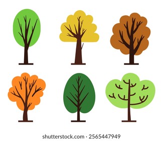 Vector set of trees. Colorful botanical set of trees with leaves, lush greenery. Autumn trees