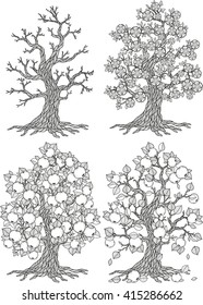 Vector set of trees in different seasons, winter, spring, summer,