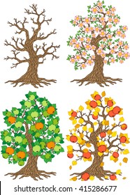 Vector a set of trees in different seasons, winter, spring, summer,