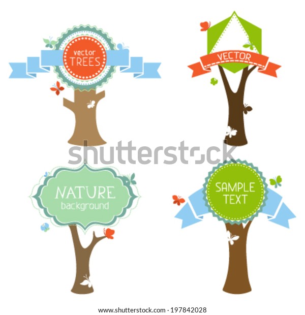 Vector set of trees with labels. Vintage round,\
triangle and hexagon badges and ribbons. Vector illustration. There\
are places for your text.\

