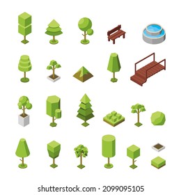 Vector set of trees and outdoor furniture isometric icons. Collection of natural botanical objects. 3d illustration of plants. Concept of plants and objects from geometric shapes for a park, garden