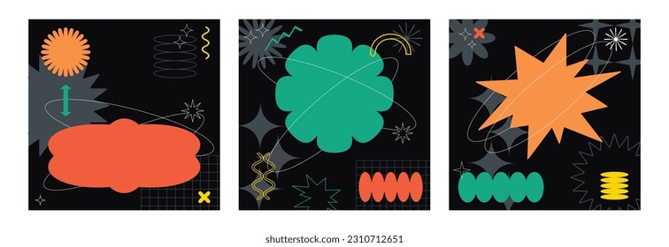Conjunto de vectores de las ilustraciones de tarjetas de moda con estilo y estilo futurista abstracto con formas geométricas de memphis. Traducciones de arte pop de los años 90 para diseño de paquetes, textiles, moda, impresión de tela
