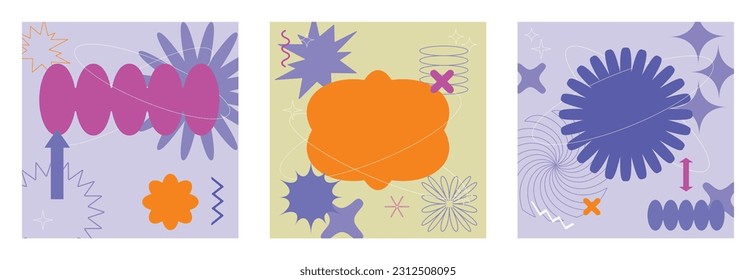 Conjunto de vectores de las ilustraciones de tarjetas de moda con estilo y estilo futurista abstracto con formas geométricas de memphis. Traducciones de arte pop de los años 90 para diseño de paquetes, textiles, moda, impresión de tela