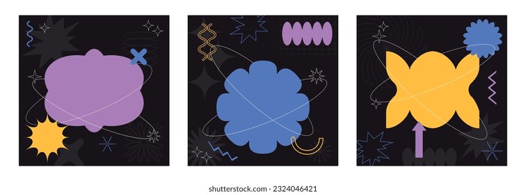 Conjunto de vectores de las ilustraciones de tarjetas de moda con estilo y estilo futurista abstracto con formas geométricas de memphis. Traducciones de arte pop de los años 90 para diseño de paquetes, textiles, moda, impresión de tela
