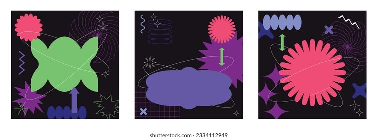 Vector set of trendy abstract retrowave, futuristic and Y2k style card illustrations with memphis geometric shapes. Retro 90s Pop Art Backgrounds for package design, textile, fashion, fabric print