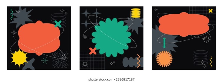 Vector set of trendy abstract retrowave, futuristic and Y2k style card illustrations with memphis geometric shapes. Retro 90s Pop Art Backgrounds for package design, textile, fashion, fabric print