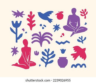 Vector set with trendy aesthetic elements inspired by modern minimal Matisse cut out style. Geometric shapes, flowers, plants, female figures for print, cover, wall art, poster, logo, pattern, collage